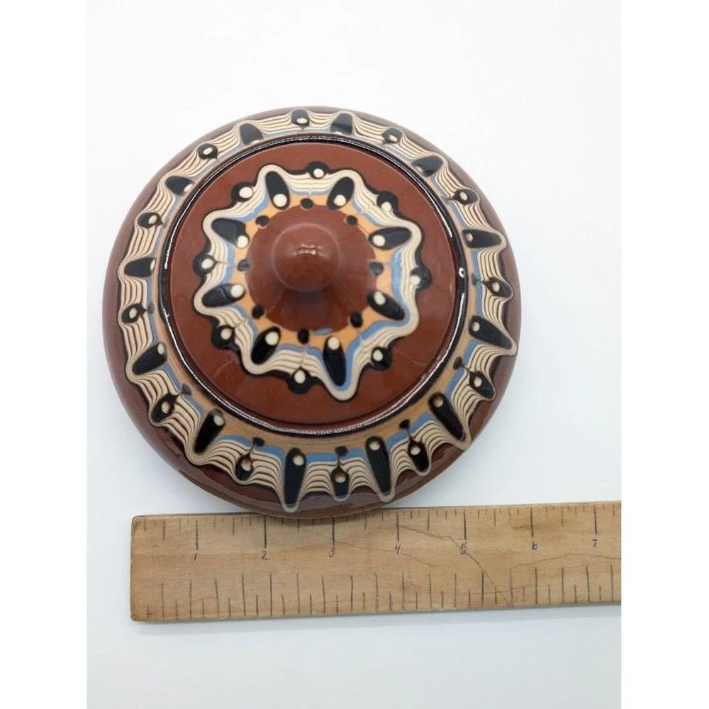Vintage Bulgarian Troyan Pottery Lid‎ Candy Dish 90s Redware Folk Art Drip Glaze